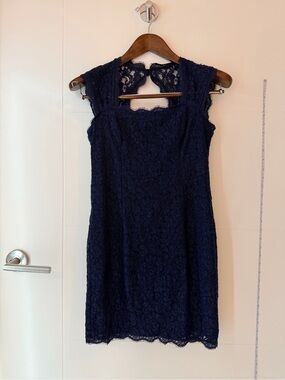 NWOT Adrianna Papell Navy Lace Cap-Sleeve Open Back Mini Dress